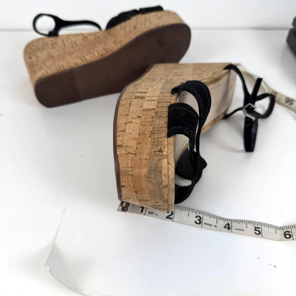 Schutz Black Suede Cork Platform Wedge Sandals Ankle Strap Womens Size 8.5